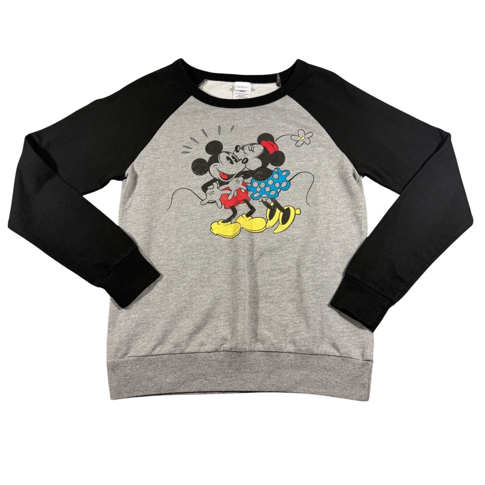 Disney Mickey Minnie Mouse Sweatshirt Womens Medium Grey Black Raglan JT17421